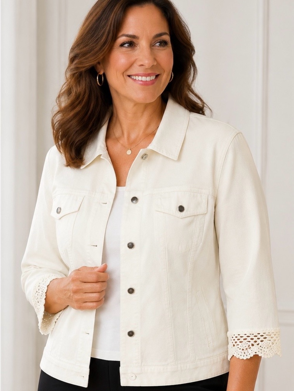 Doncaster Jacket Size 18 White Stretch Cotton 3/4 Sleeves w/ Crochet-Trim